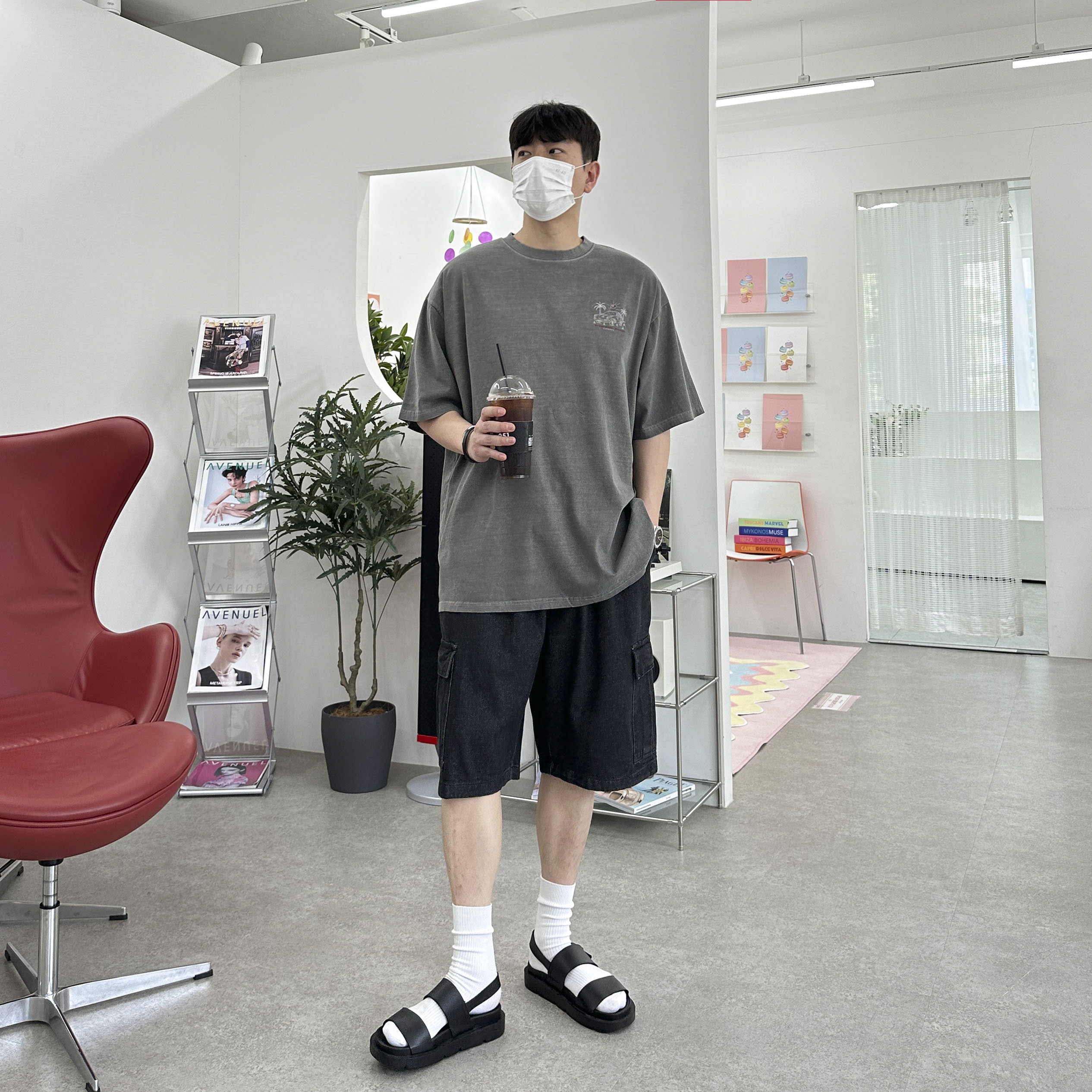 남자 데님 와이드 버뮤다 팬츠 청 카고 밴딩 반바지 4color - 상세 이미지 4