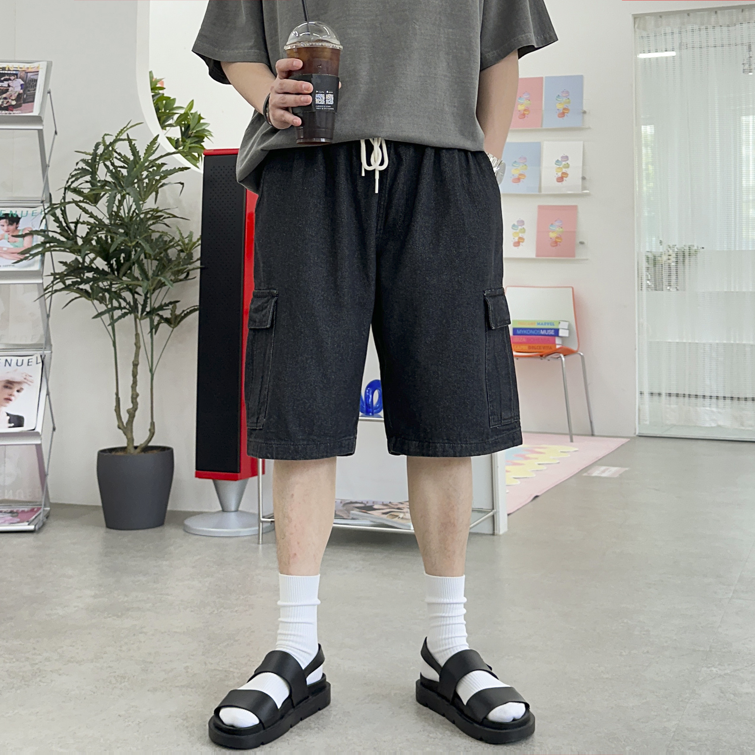 남자 데님 와이드 버뮤다 팬츠 청 카고 밴딩 반바지 4color - 상세 이미지 3