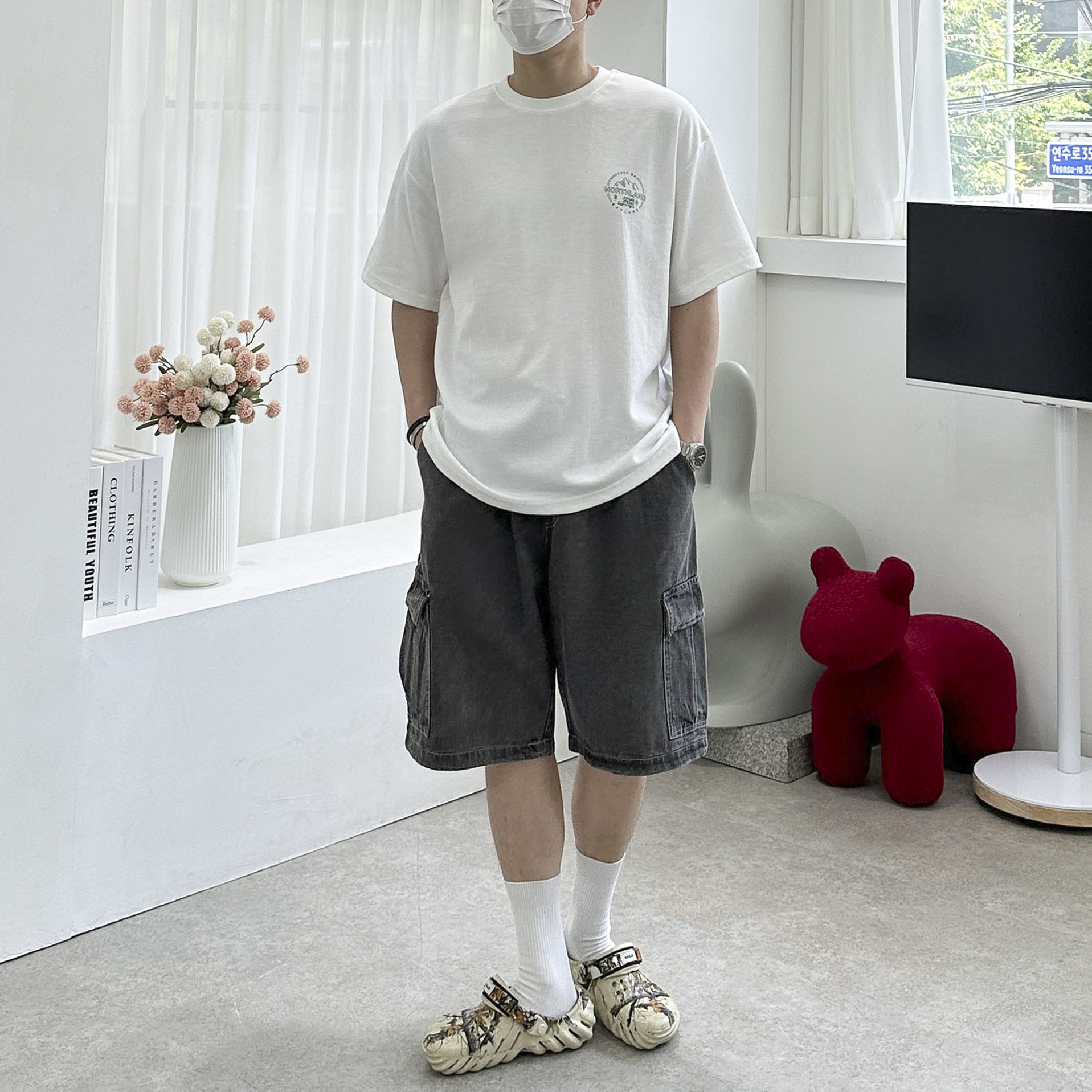 남자 데님 와이드 버뮤다 팬츠 청 카고 밴딩 반바지 4color 이미지 8