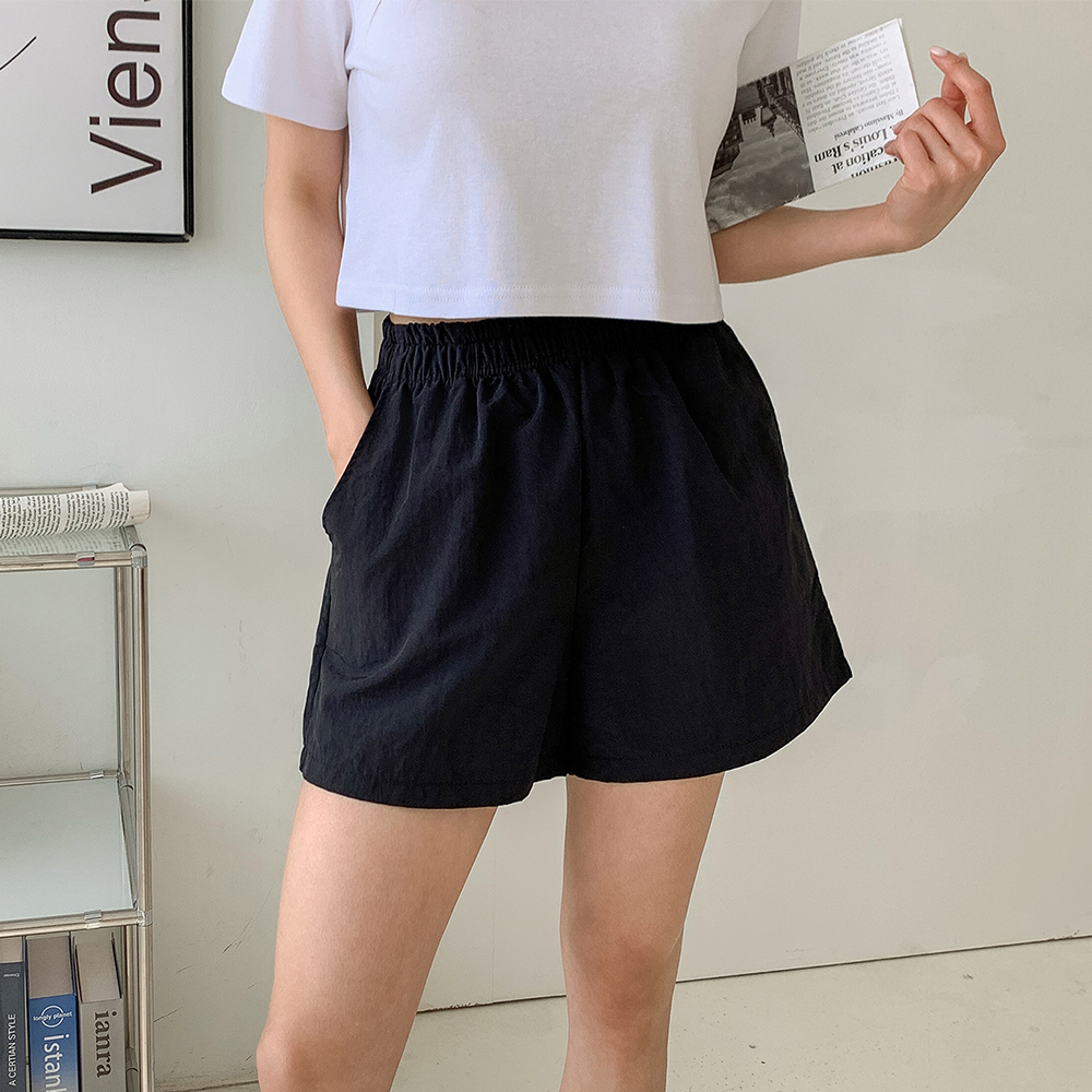 여성 바스락 나일론 반바지 A라인 숏팬츠 3부 우븐 팬츠 밴딩 고무줄 여름 휴양지 바캉스 - 상품 이미지