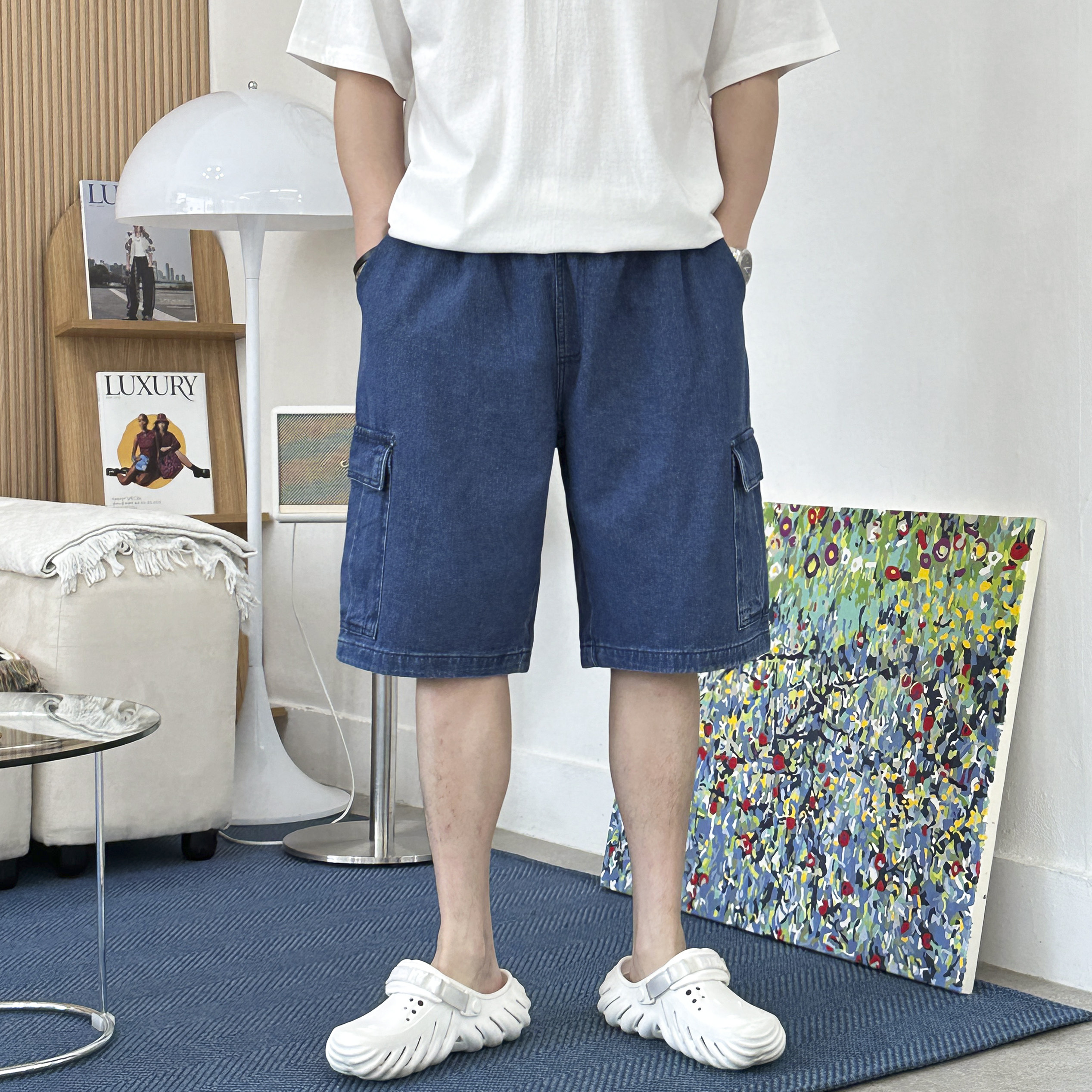 남자 데님 와이드 버뮤다 팬츠 청 카고 밴딩 반바지 4color - 상세 이미지 5