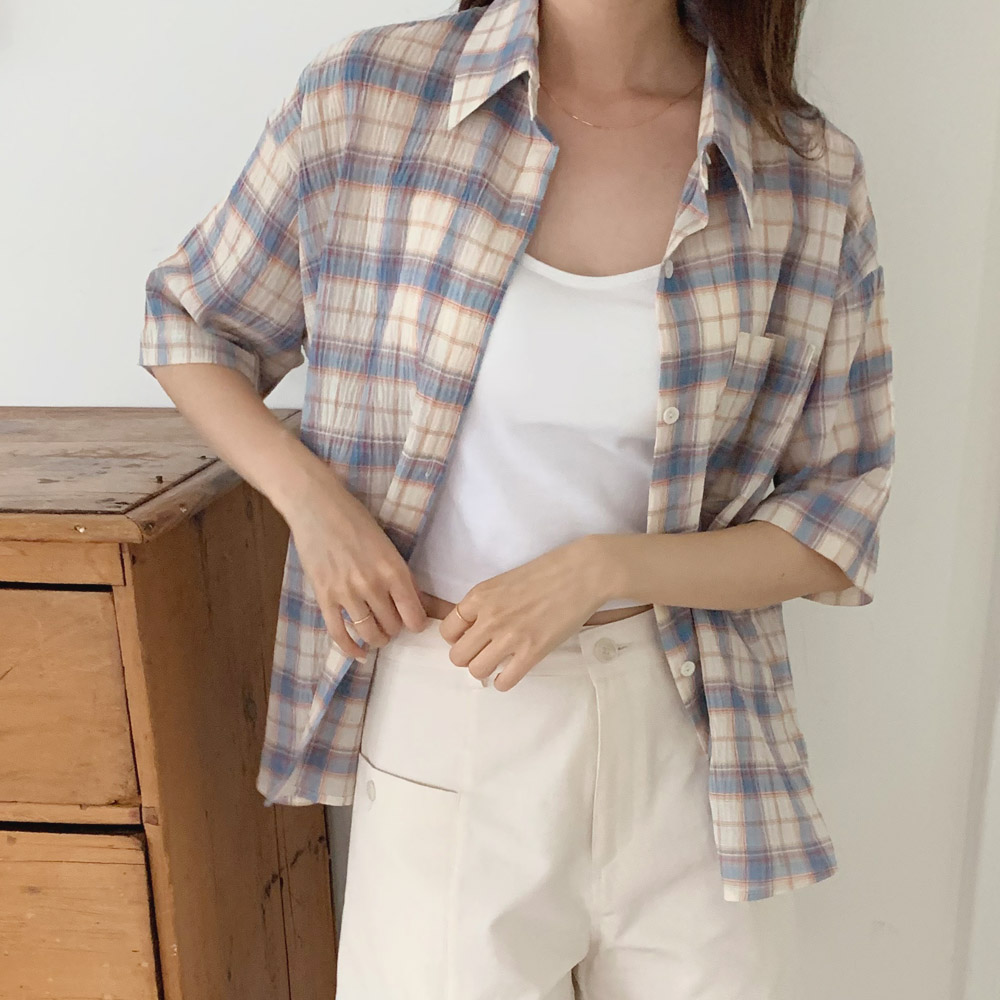 여성 린넨 셔츠 반팔 아사면 여름 셔츠 루즈핏 얇은 체크 남방 시어서커 핑크 소라색 그린 이미지 2