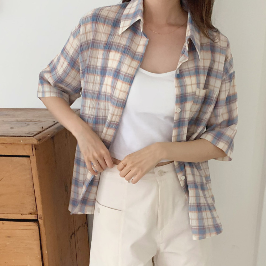 여성 린넨 셔츠 반팔 아사면 여름 셔츠 루즈핏 얇은 체크 남방 시어서커 핑크 소라색 그린