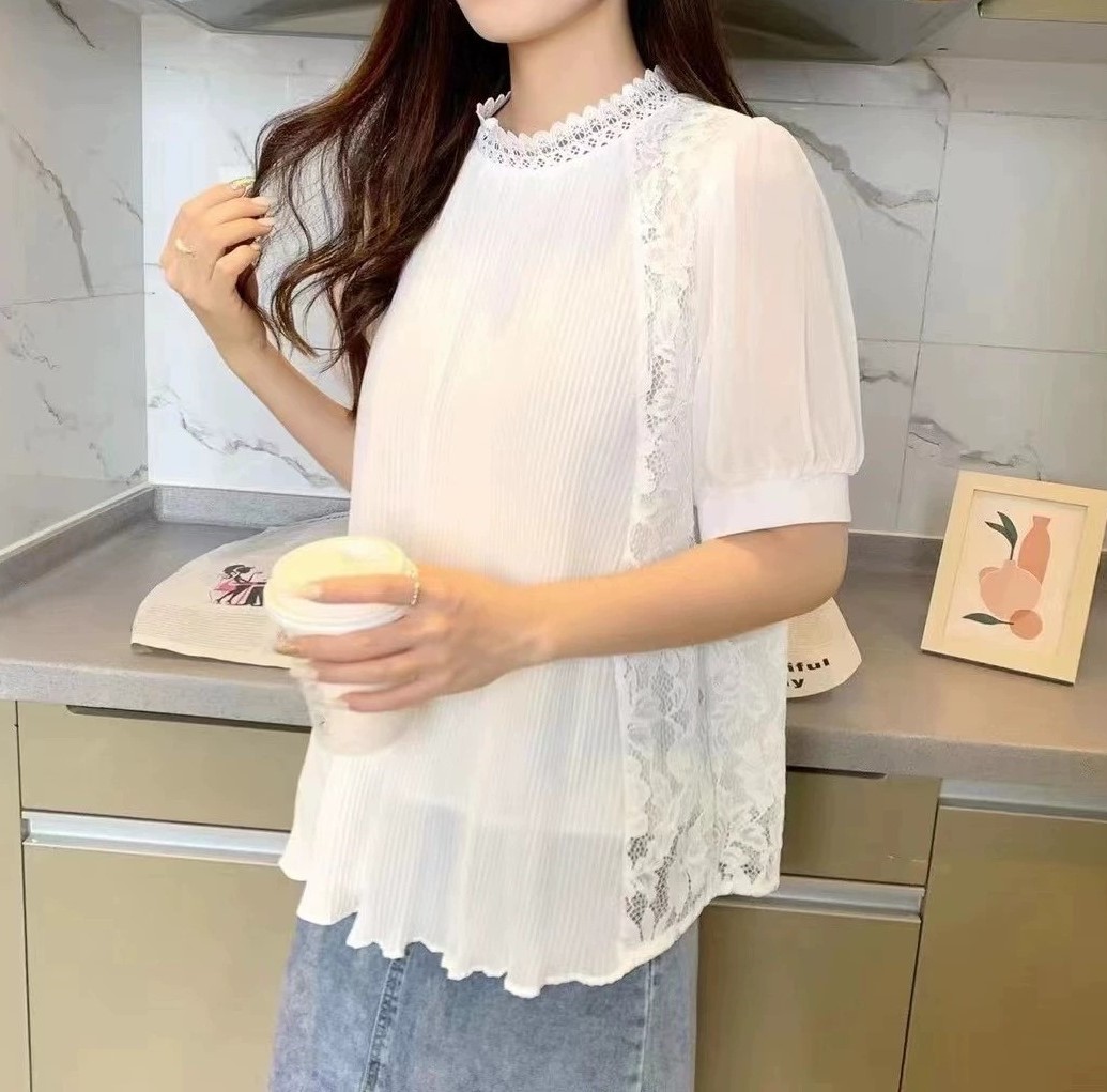 여자여자몰 여성미철철 뒷면플라워자수 앞면주름 레이스블라우스 여름 플리츠블라우스 - 상세 이미지 2