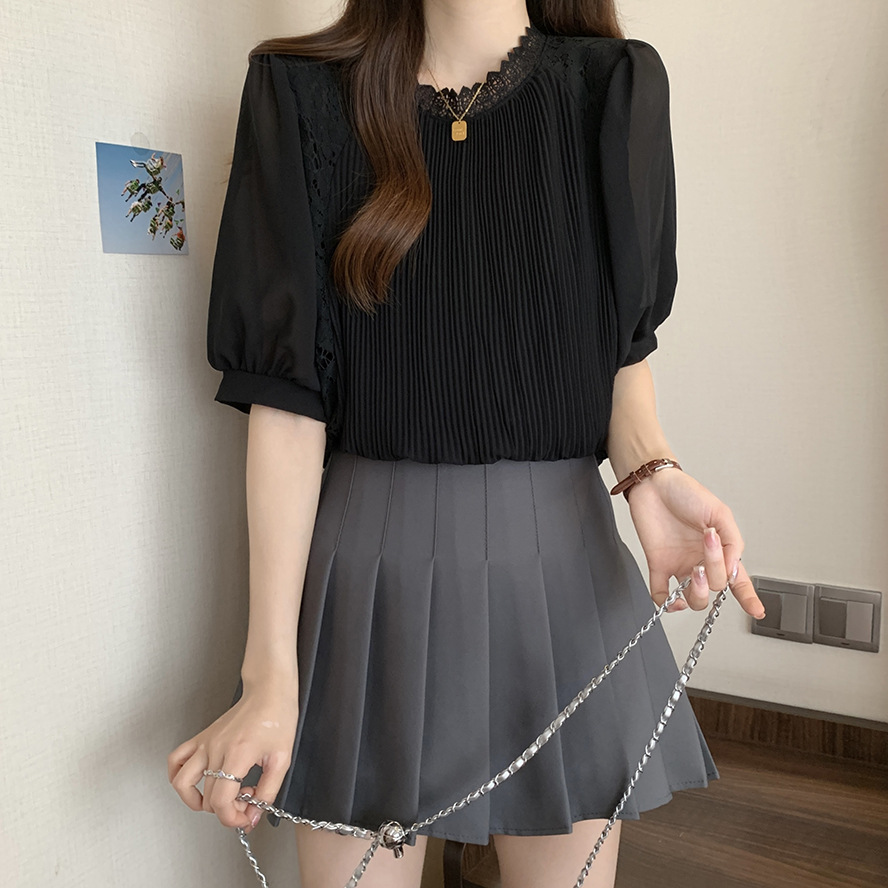 여자여자몰 여성미철철 뒷면플라워자수 앞면주름 레이스블라우스 여름 플리츠블라우스 이미지 7