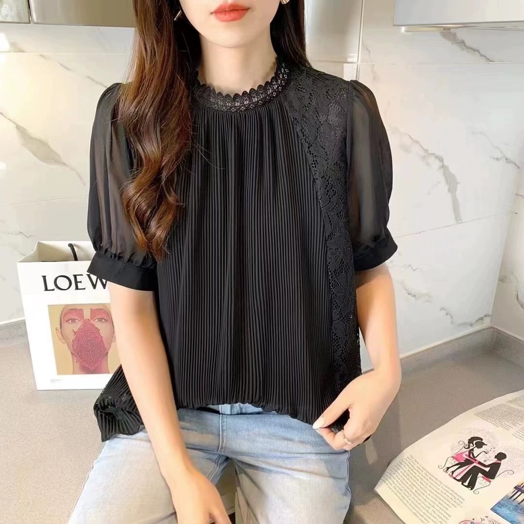 여자여자몰 여성미철철 뒷면플라워자수 앞면주름 레이스블라우스 여름 플리츠블라우스 - 상품 이미지