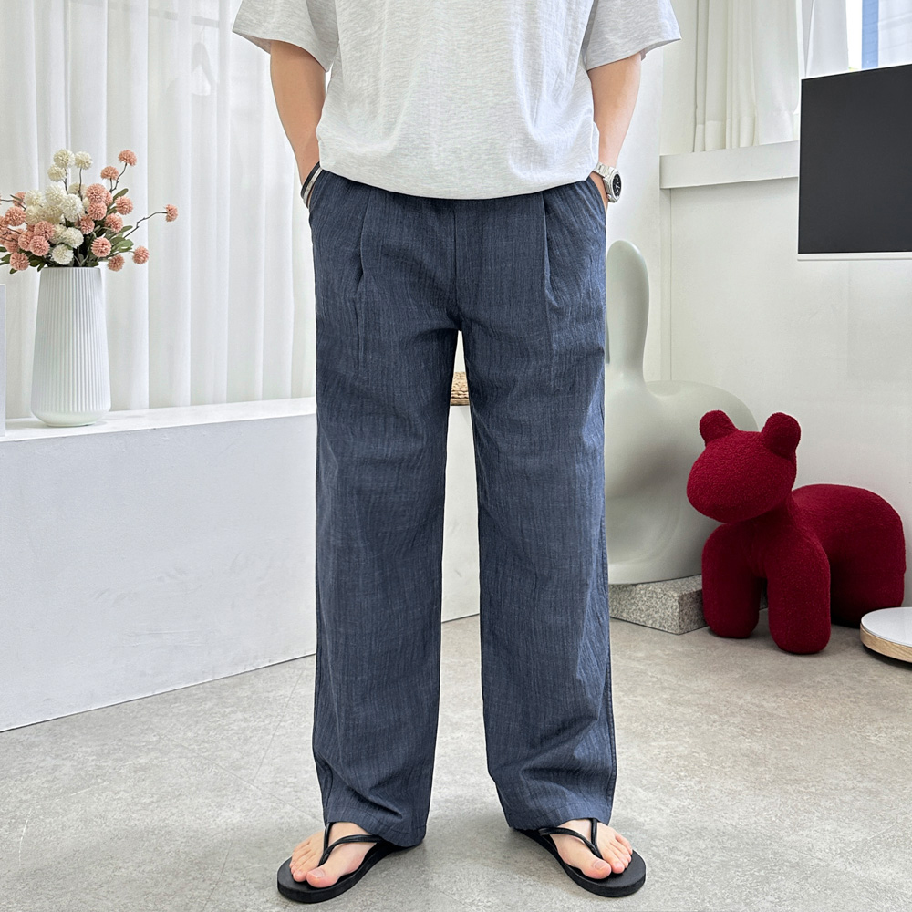 남자 여름 청바지 린넨 생지 원턱 밴딩 와이드 데님 팬츠 4color - 상세 이미지 3