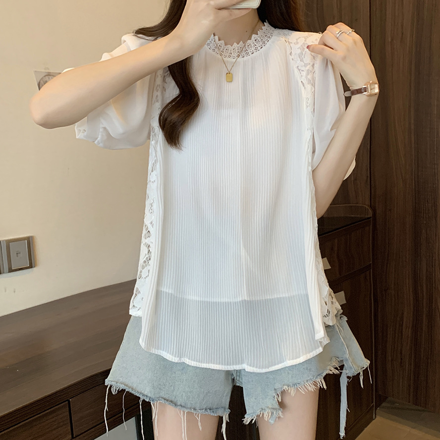 여자여자몰 여성미철철 뒷면플라워자수 앞면주름 레이스블라우스 여름 플리츠블라우스 - 상세 이미지 3