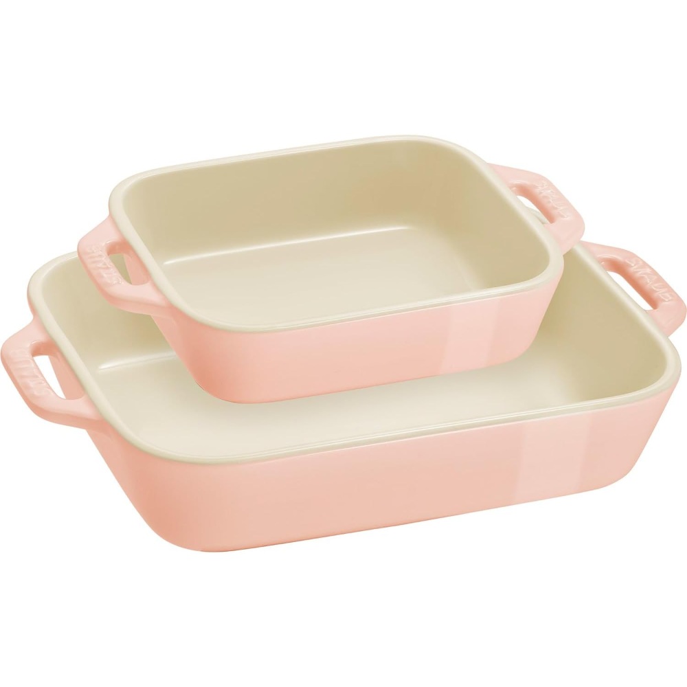 스타우브 세라믹 사각 그라탕 접시 14cm 20cm 2점 세트 마카롱 핑크 오븐 전자레인지 - 상품 이미지