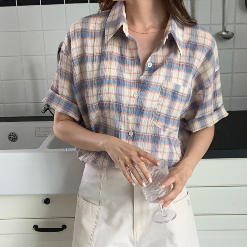 여성 린넨 셔츠 반팔 아사면 여름 셔츠 루즈핏 얇은 체크 남방 시어서커 핑크 소라색 그린