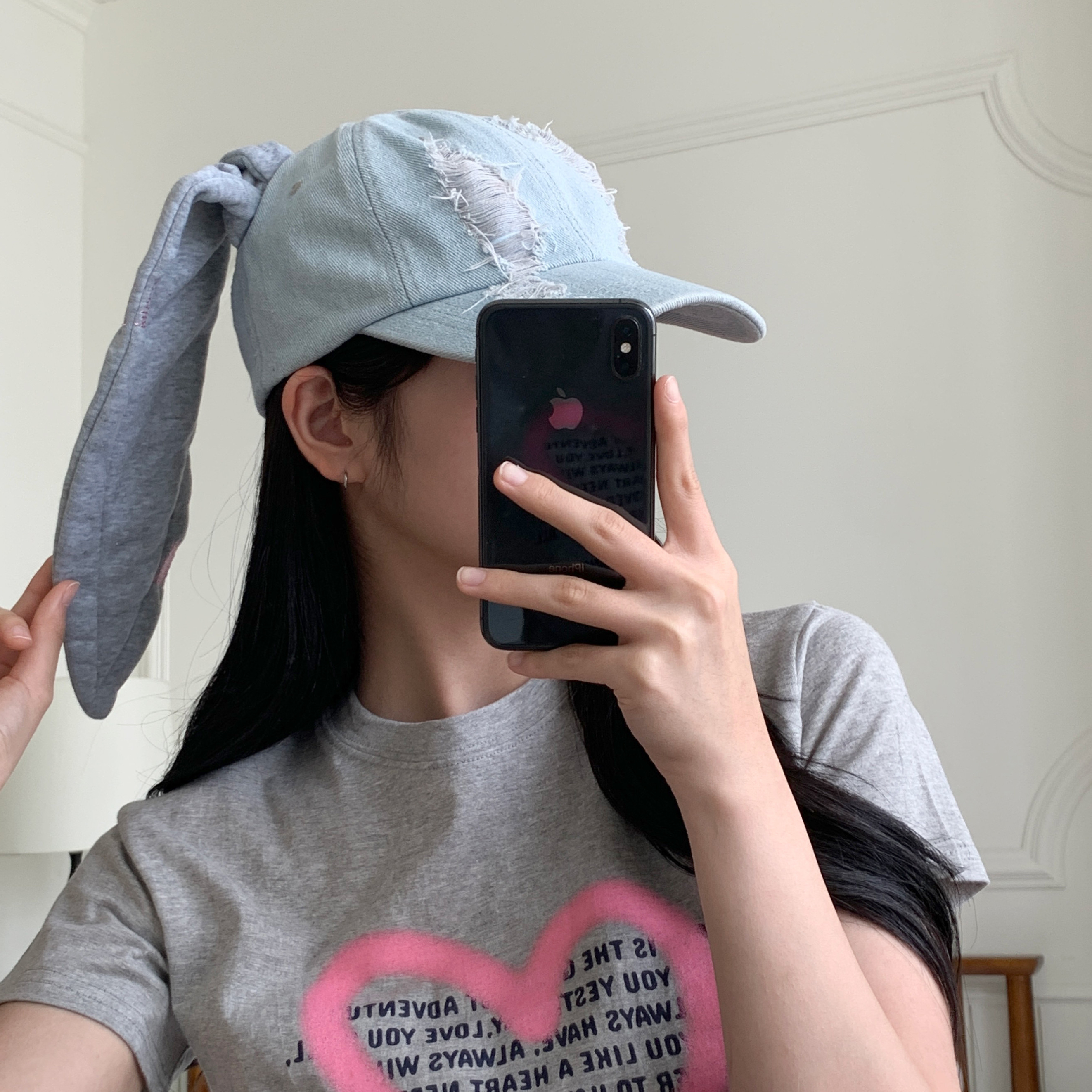 [아이돌st] 뉴진 토끼 그래픽 데일리 볼캡 토끼귀 댄스팀 데님 청 모자 상세 이미지 15