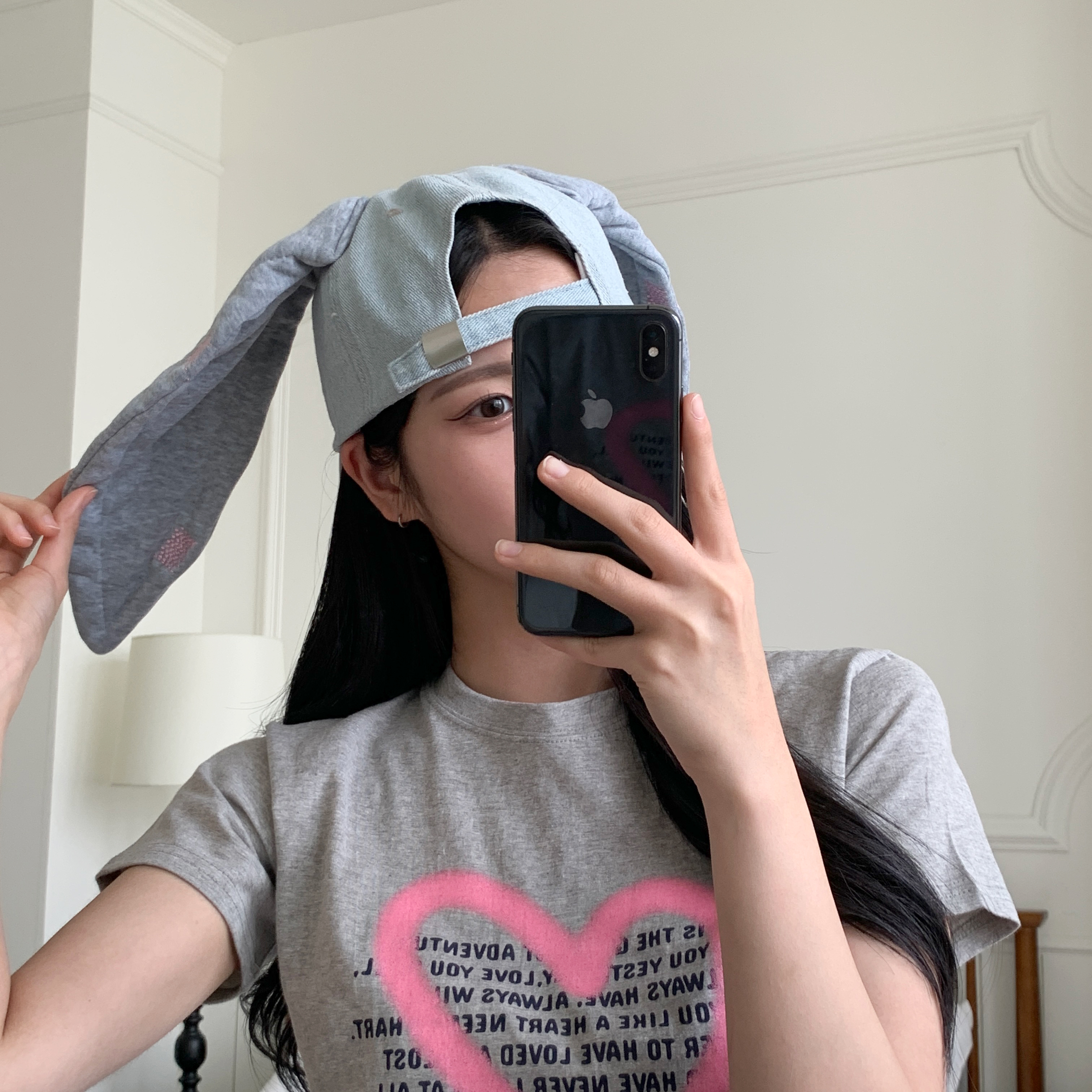 [아이돌st] 뉴진 토끼 그래픽 데일리 볼캡 토끼귀 댄스팀 데님 청 모자 상세 이미지 12