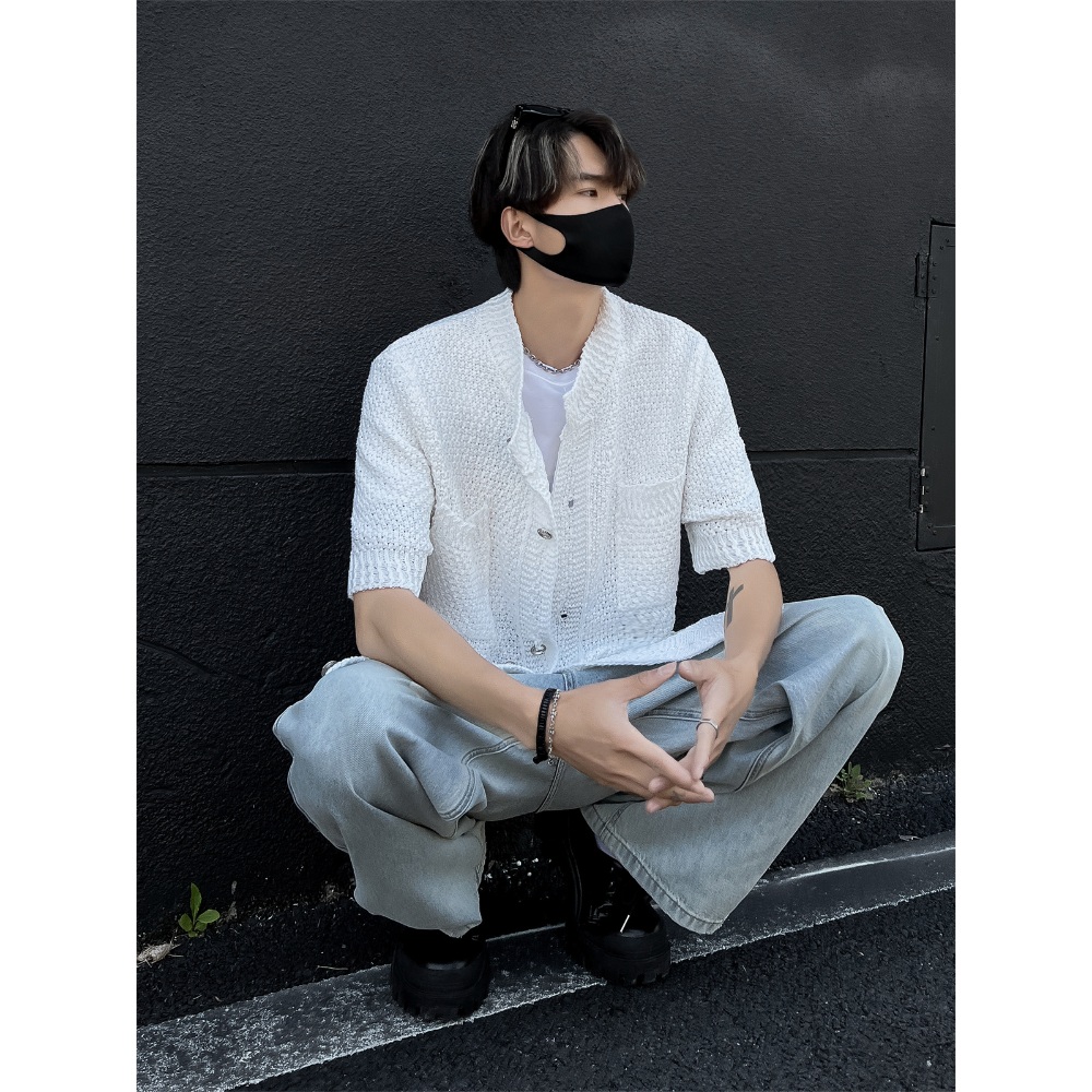 그물 반팔 가디건 오버핏 캐주얼 남녀공용 펀칭니트 쿨링 여름 블랙 화이트 - 상세 이미지 3