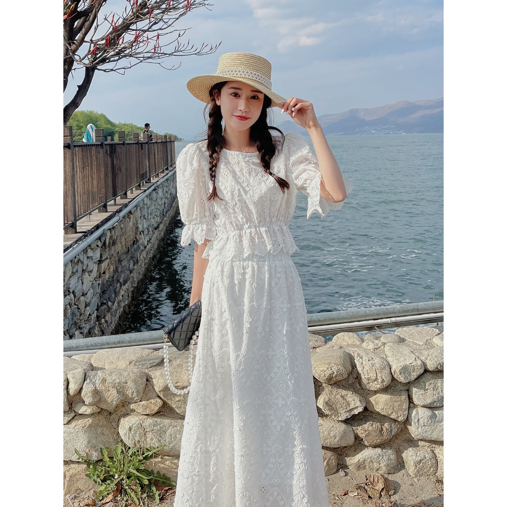 레이스블라우스 스커트 세트 펀칭 꽃자수 프렌치감성 퍼프슬리브 여름 휴양지 패션 화이트 - 상세 이미지 4