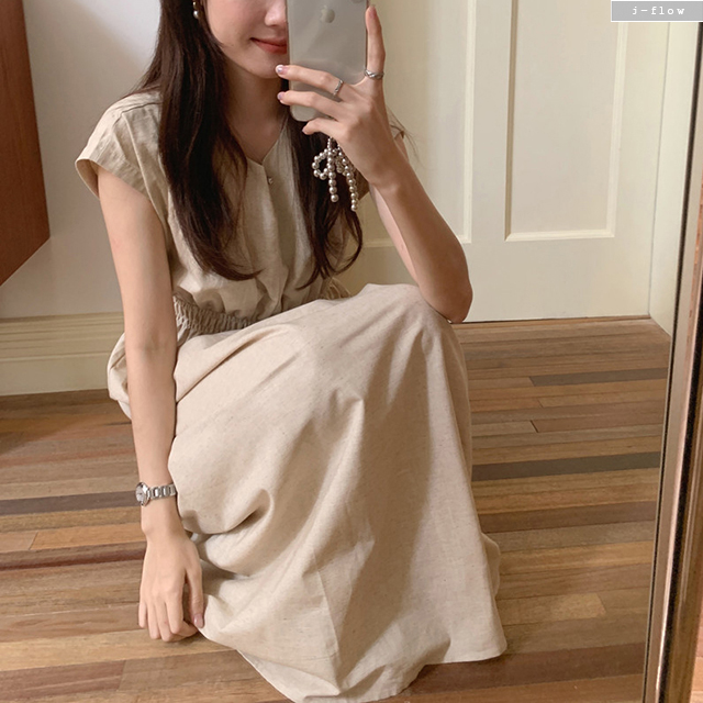 밤브 린넨 허리밴딩 가오리 맥시 롱 원피스 3col 여름 루즈핏 A라인 라운드 제이플로우 - 상세 이미지 4