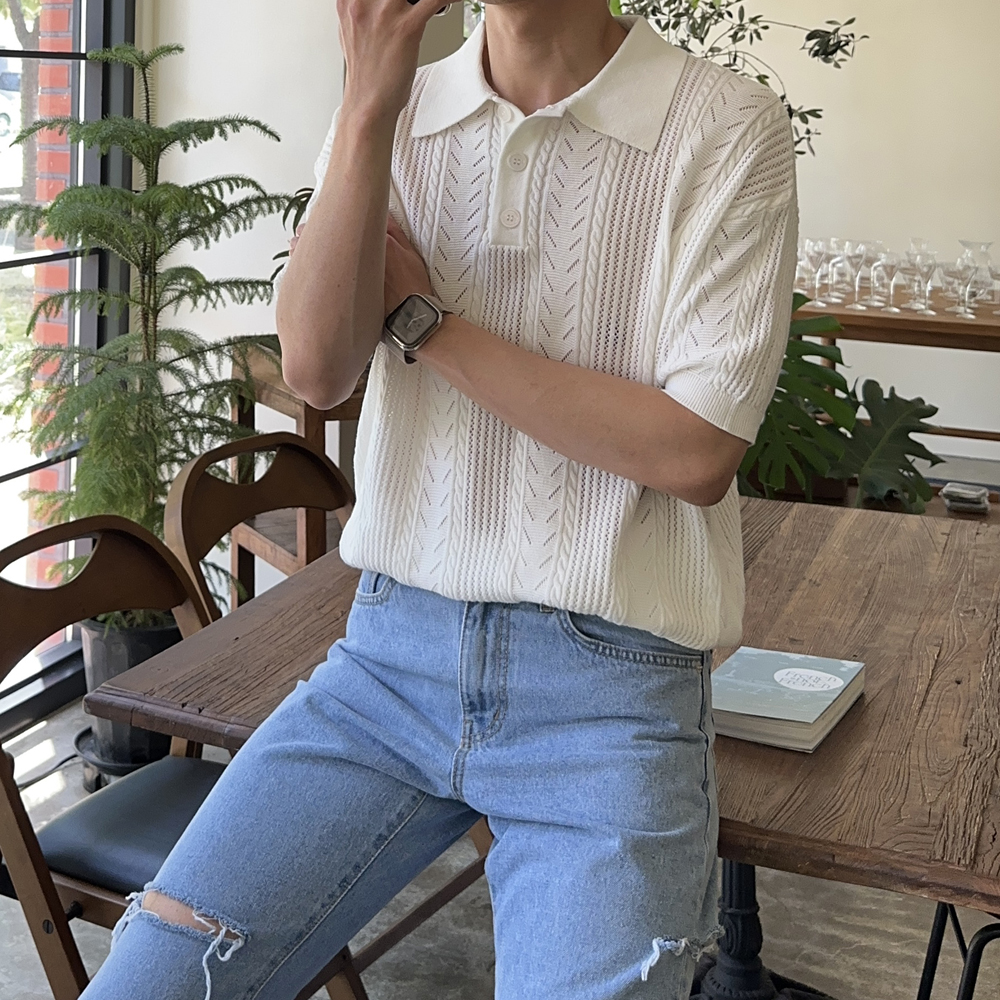 남자반팔니트 오버핏 헨리넥 여름 카라 반팔 니트