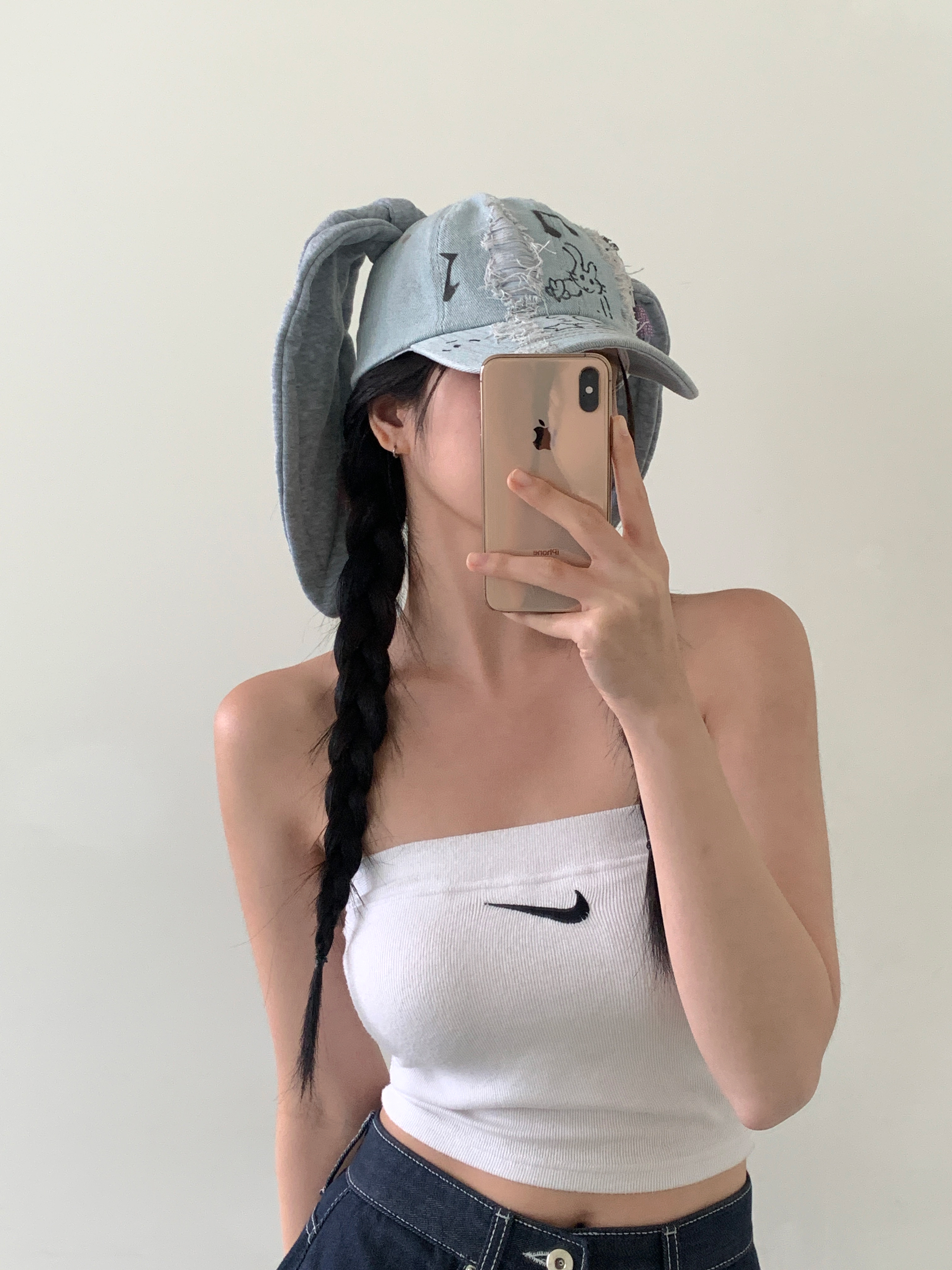 [아이돌st] 뉴진 토끼 그래픽 데일리 볼캡 토끼귀 댄스팀 데님 청 모자 상세 이미지 6