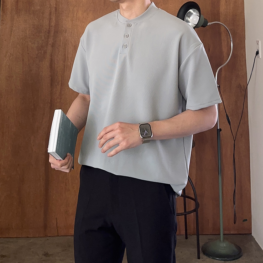 남자 반팔티 오버핏 헨리넥 단추 여름 무지 반팔 티셔츠 - 상품 이미지