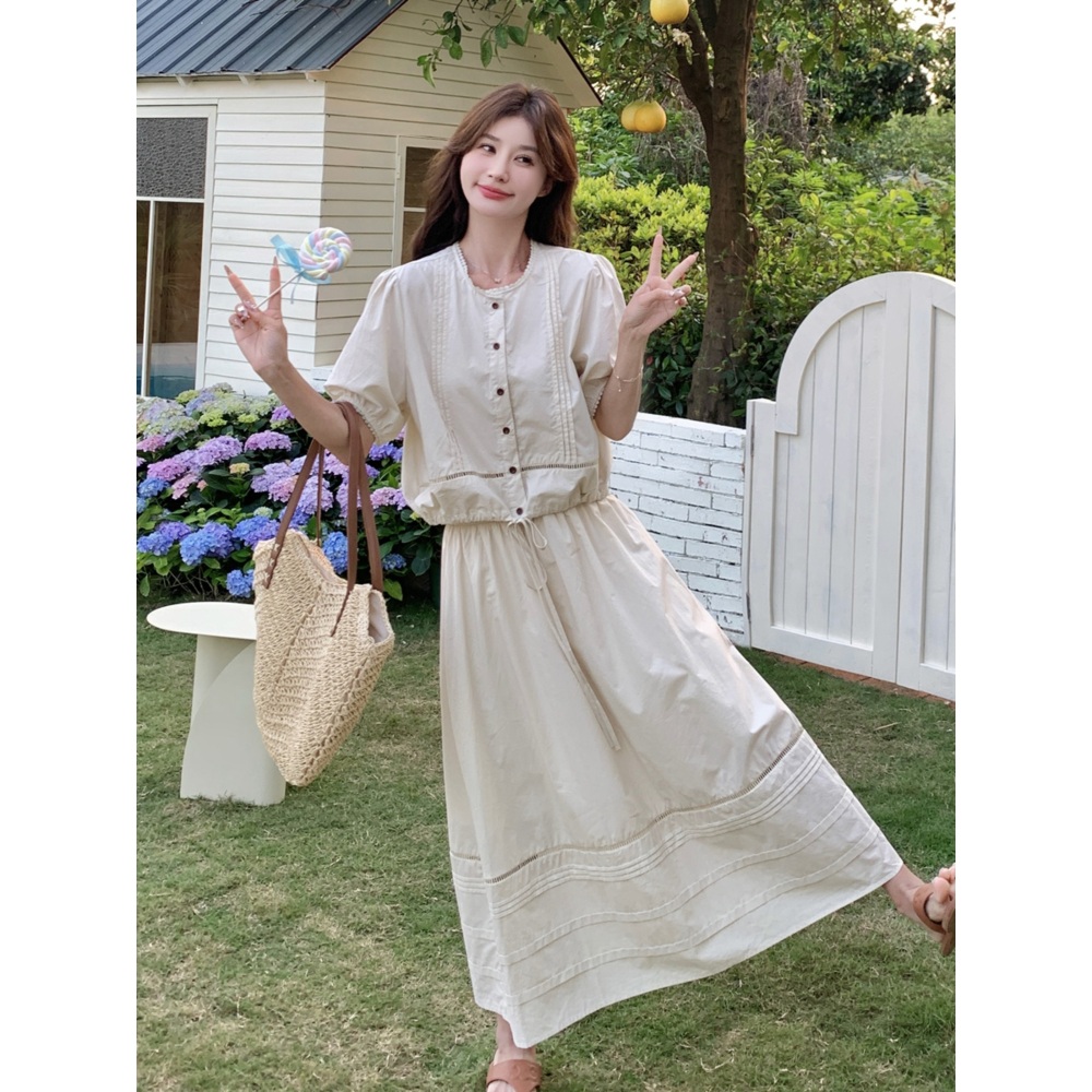 반팔블라우스 롱스커트 세트 셋업 빅사이즈 프렌치 감성 투피스 크림색 여름 - 상세 이미지 5
