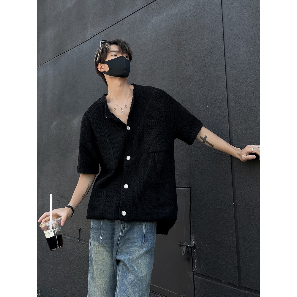 그물 반팔 가디건 오버핏 캐주얼 남녀공용 펀칭니트 쿨링 여름 블랙 화이트 - 상세 이미지 4