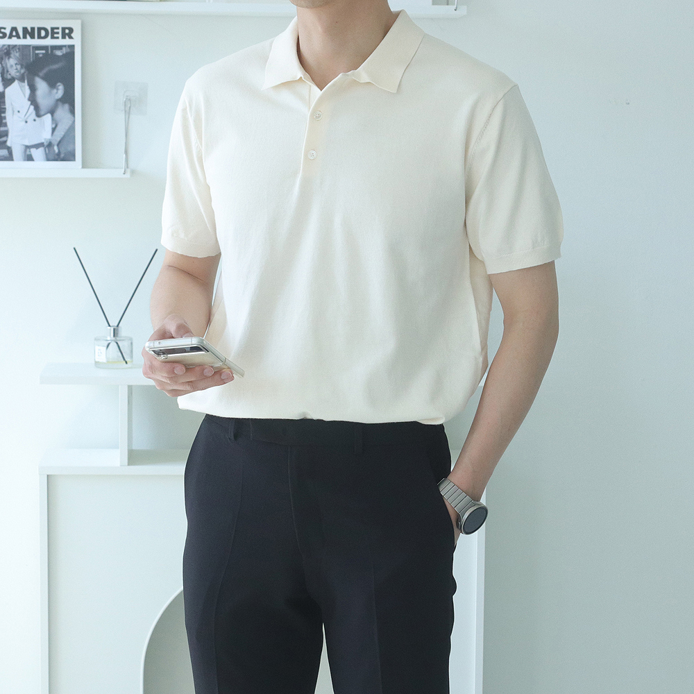아이스 쿨 린넨 오버핏 핸드메이드 정장 반오픈 헨리넥 머슬핏 pk카라 반팔7부니트티셔츠 - 상품 이미지