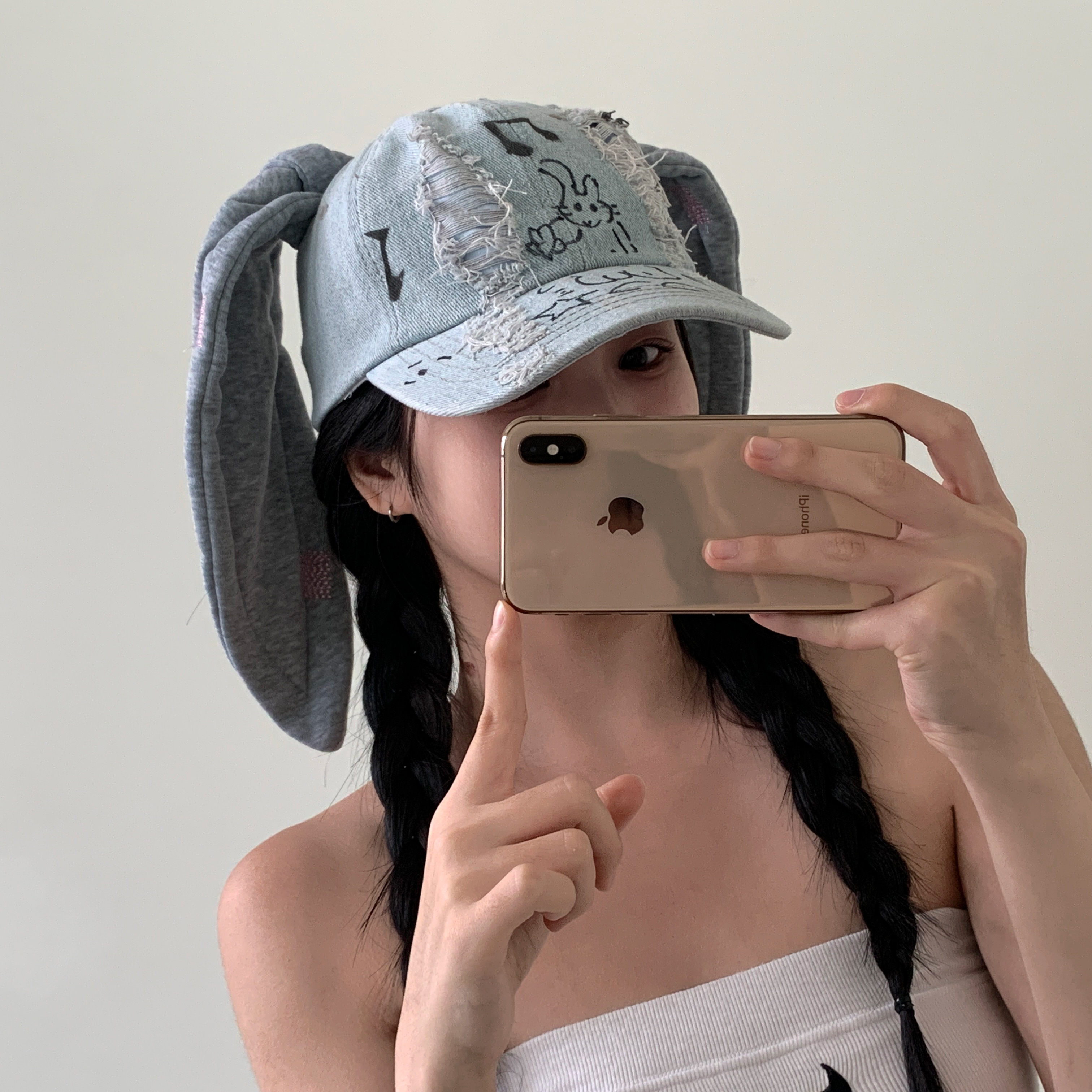 [아이돌st] 뉴진 토끼 그래픽 데일리 볼캡 토끼귀 댄스팀 데님 청 모자 상세 이미지 2
