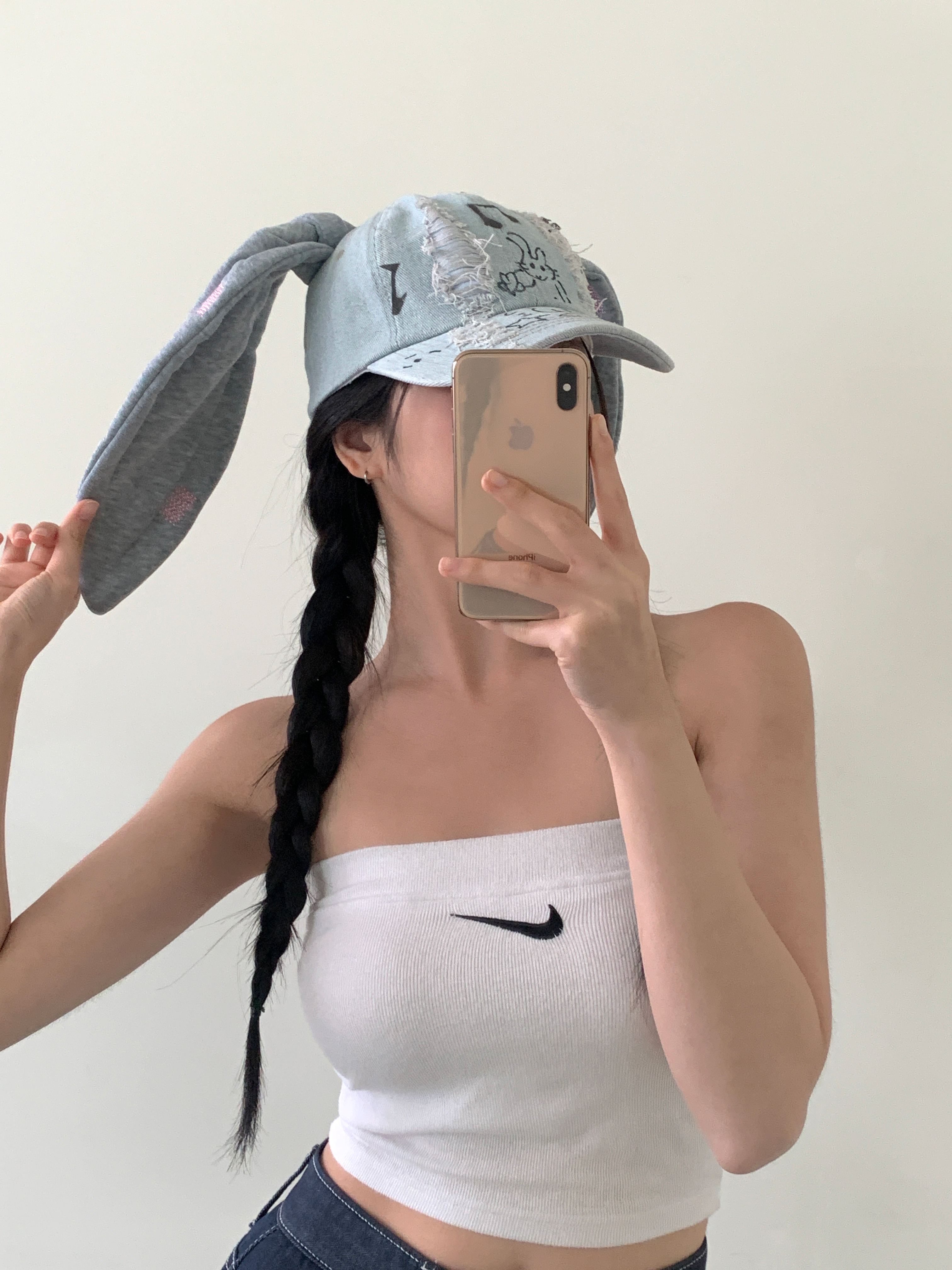 [아이돌st] 뉴진 토끼 그래픽 데일리 볼캡 토끼귀 댄스팀 데님 청 모자 상세 이미지 7
