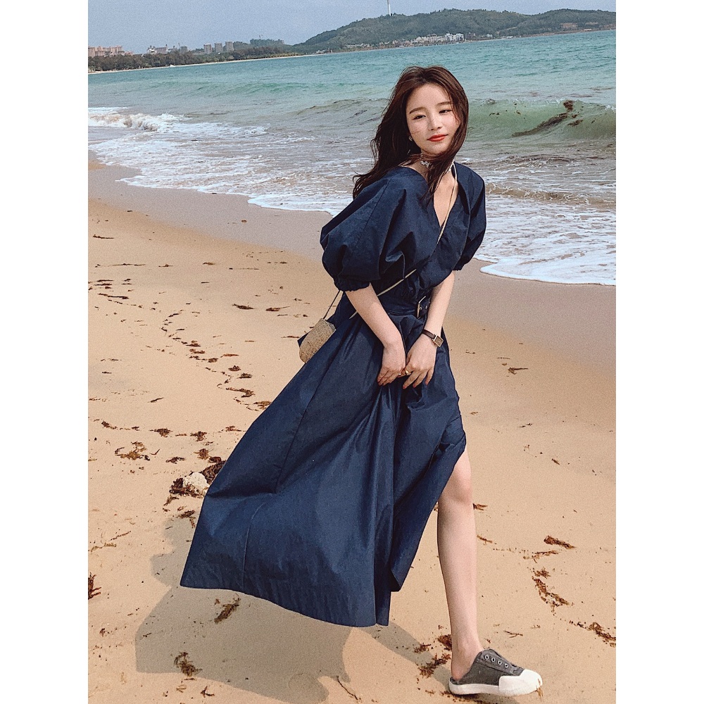 브이넥 벨티드 원피스 고급 프렌치감성 5부퍼프소매 여름 네이비 빅사이즈 - 상세 이미지 2