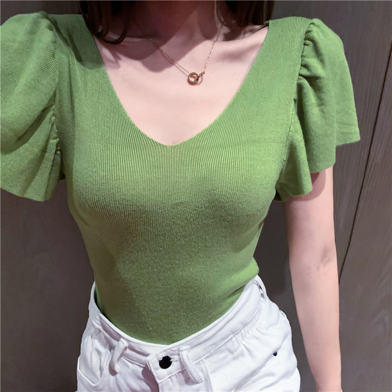 여자여자몰 어깨깡패도이뻐 소매날개 프릴 슬림핏 반팔 골지니트티 시원한 여름니트상의 - 상세 이미지 4