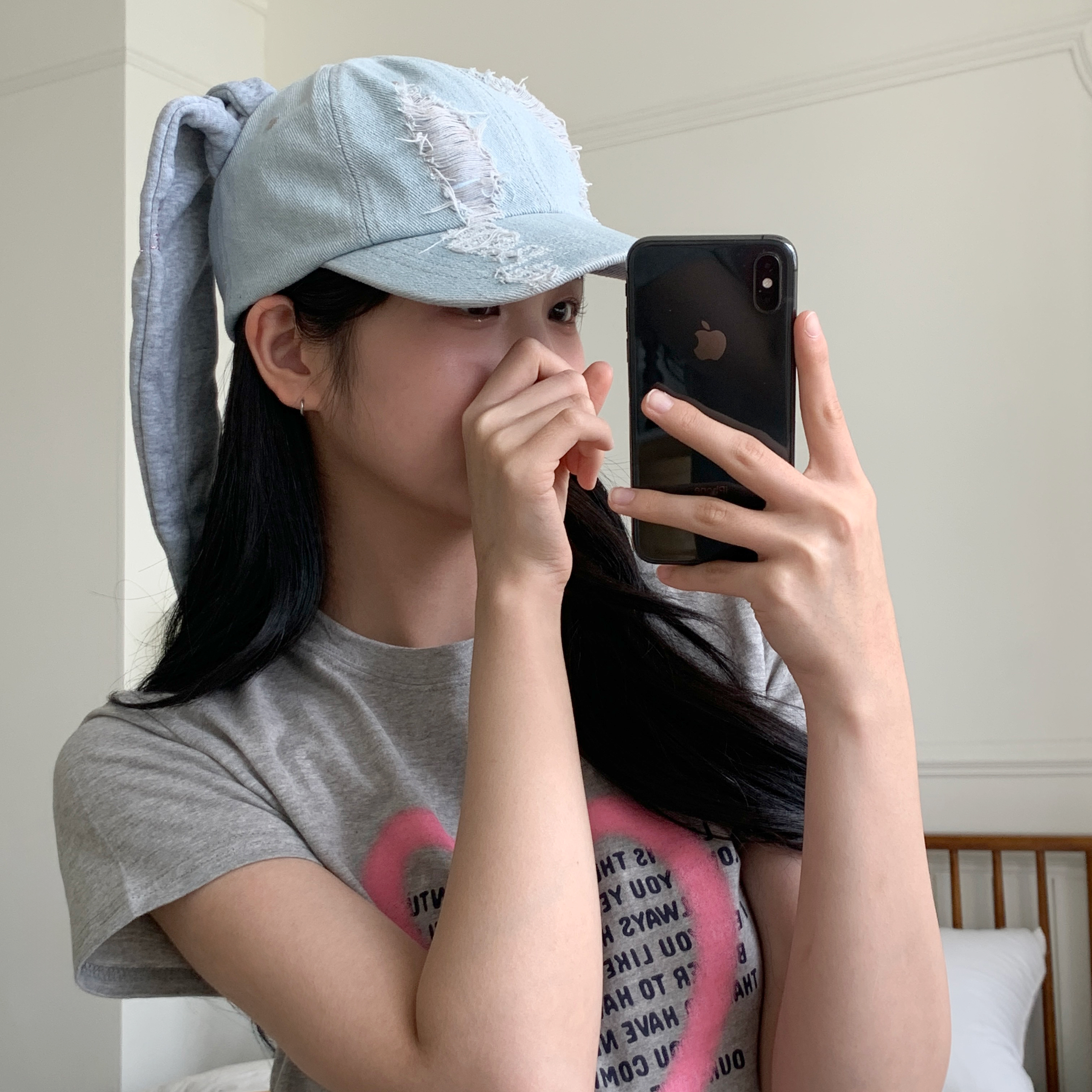 [아이돌st] 뉴진 토끼 그래픽 데일리 볼캡 토끼귀 댄스팀 데님 청 모자 상세 이미지 16