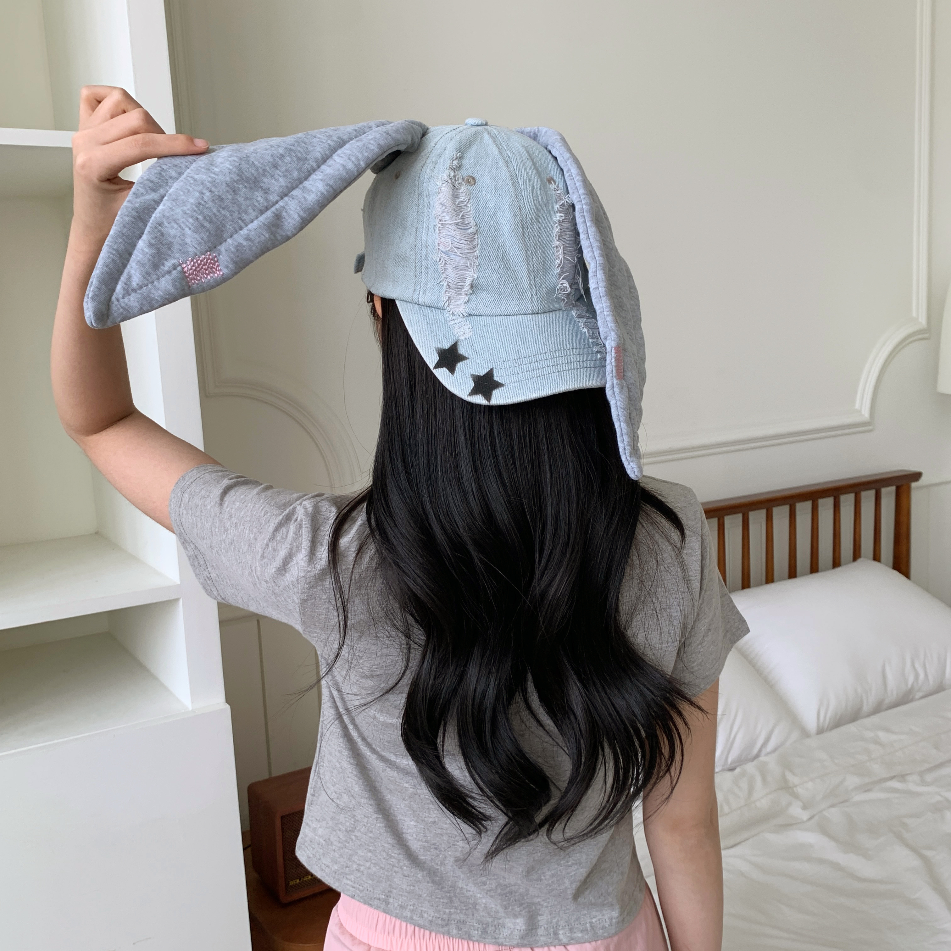 [아이돌st] 뉴진 토끼 그래픽 데일리 볼캡 토끼귀 댄스팀 데님 청 모자 상세 이미지 18