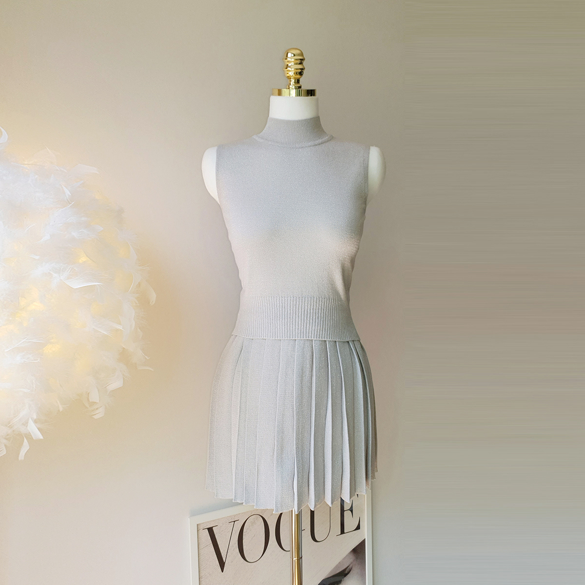 아멜 글리터 펄 니트 플리츠 스커트 (3Color)