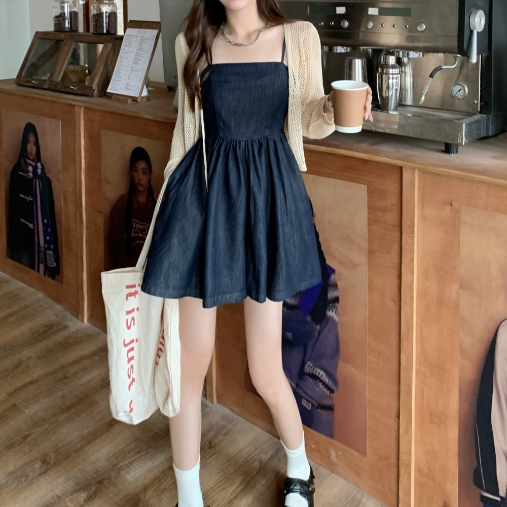 뷔스티에 나시 데님원피스 미니 플레어 흑청 빅사이즈 여친룩 데이트 - 상품 이미지