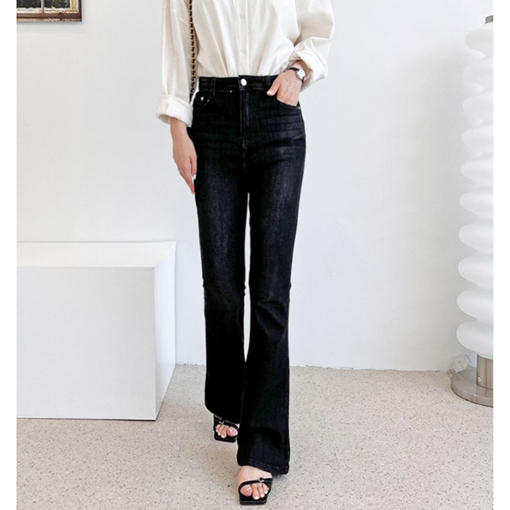 흑청부츠컷 여성 하이웨스트 블랙진 스판 데님팬츠 나팔바지 - 상세 이미지 2