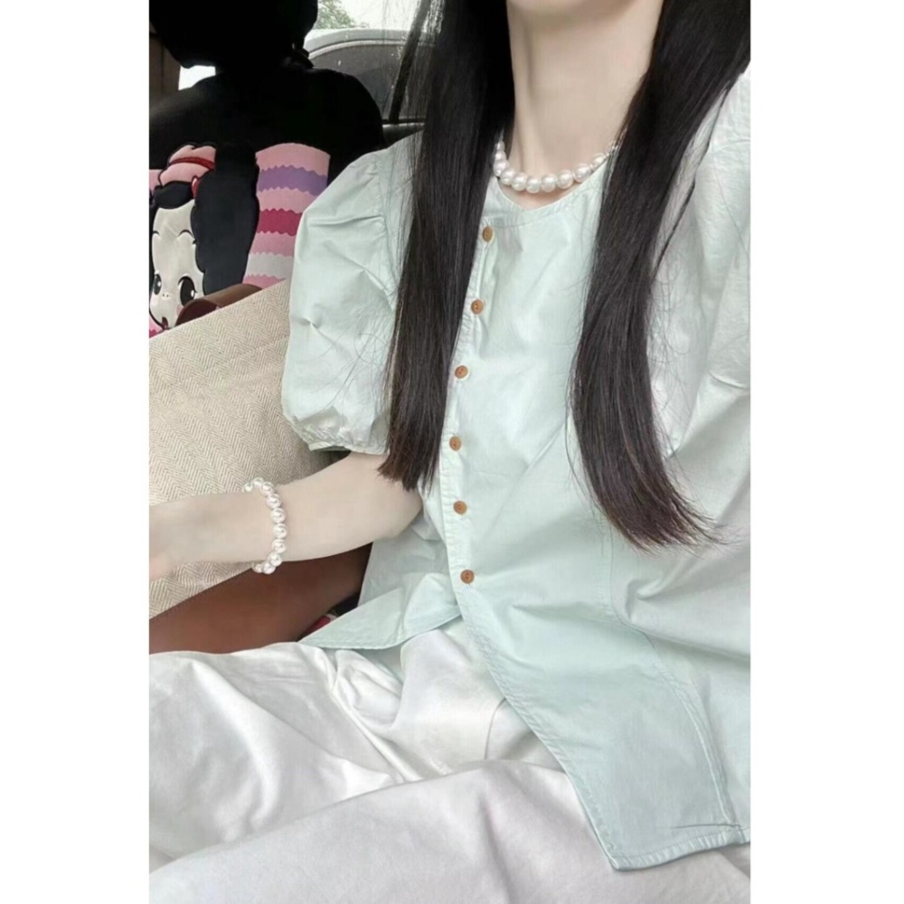 민트색 퍼프 반팔블라우스 빅사이즈 언발란스 디자인 프렌치 감성 여름 - 상세 이미지 3