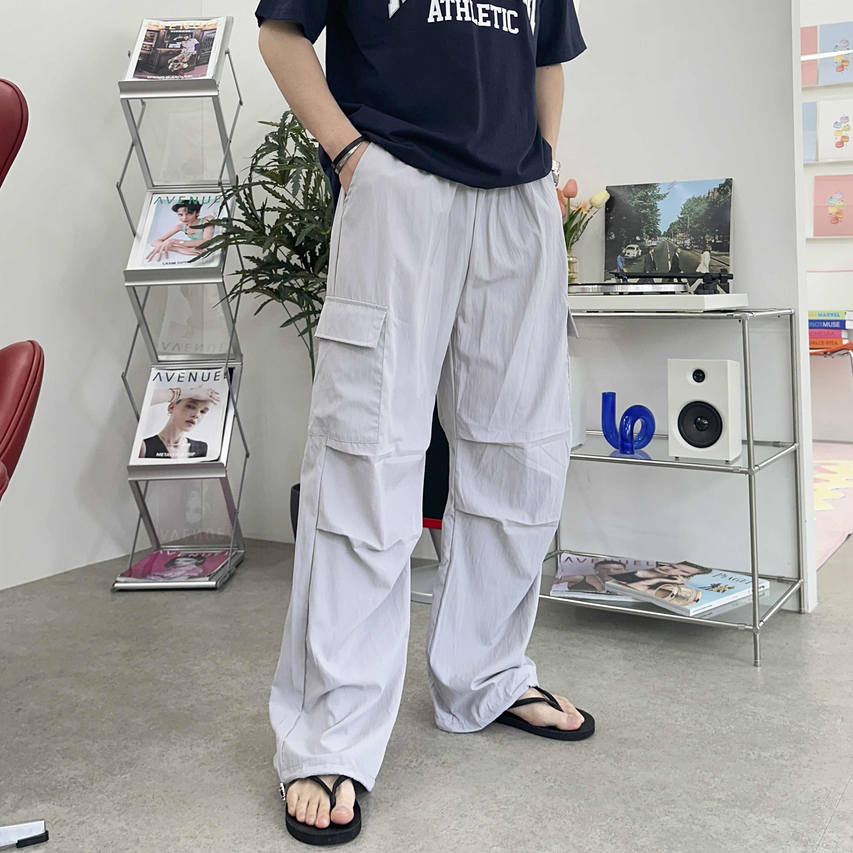 남녀공용 여름 파라슈트 팬츠 나일론 스트링 카고 와이드 바지 5color - 상품 이미지