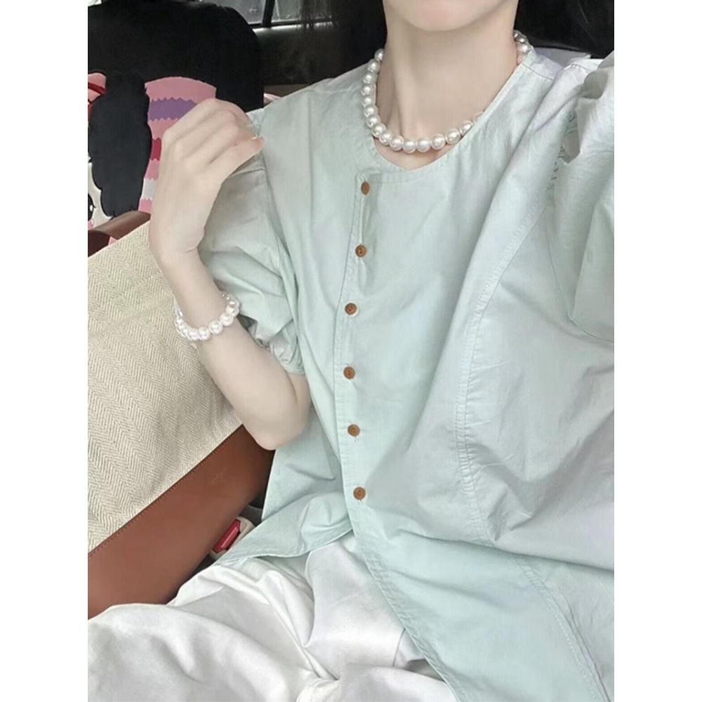 민트색 퍼프 반팔블라우스 빅사이즈 언발란스 디자인 프렌치 감성 여름 - 상세 이미지 2