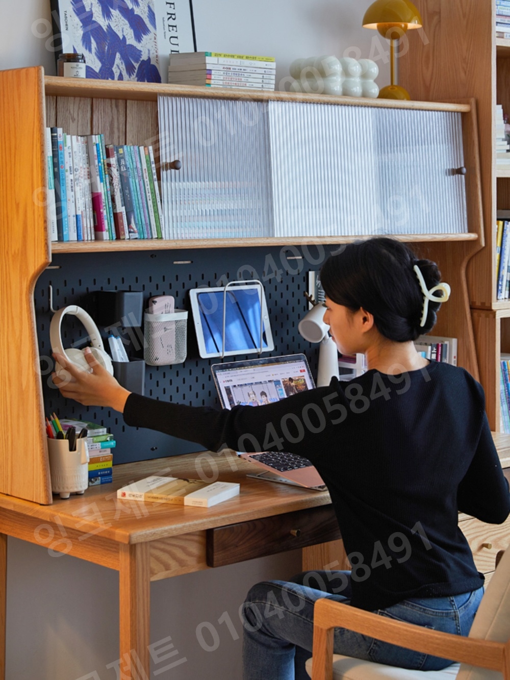 책상 책장 슬라이딩 도어 서재 테이블 수납 보조 상부장 - 상품 이미지