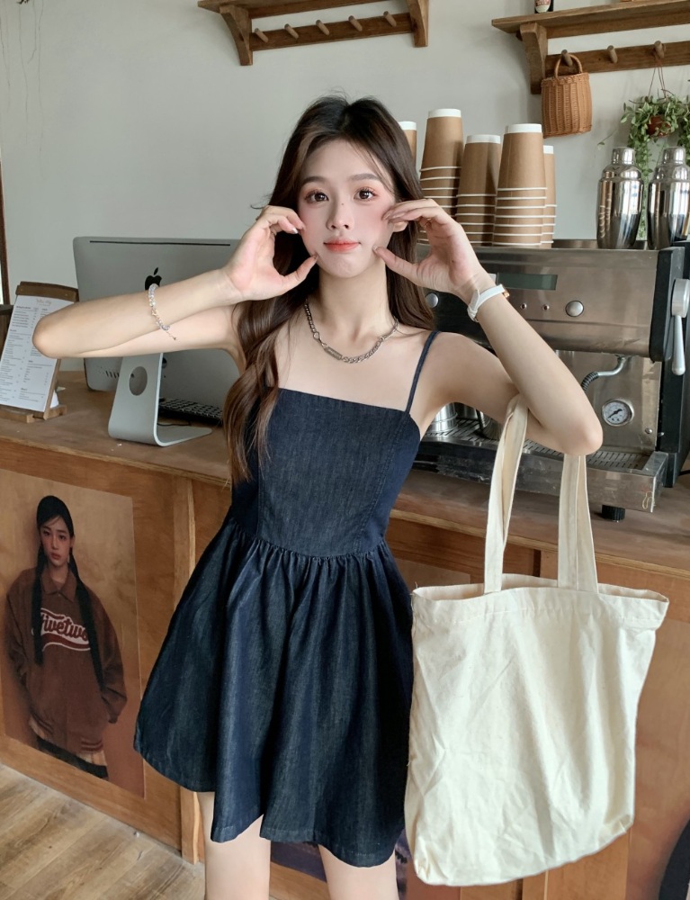 뷔스티에 나시 데님원피스 미니 플레어 흑청 빅사이즈 여친룩 데이트 - 상세 이미지 4