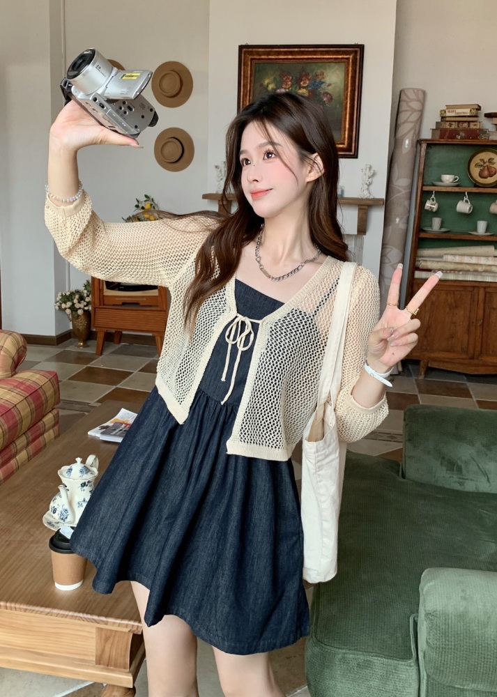 뷔스티에 나시 데님원피스 미니 플레어 흑청 빅사이즈 여친룩 데이트 - 상세 이미지 3