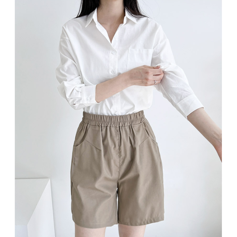 베이지색반바지 여성 여름 고무줄 밴딩 프렌치린넨 면 4부반바지 - 상세 이미지 3