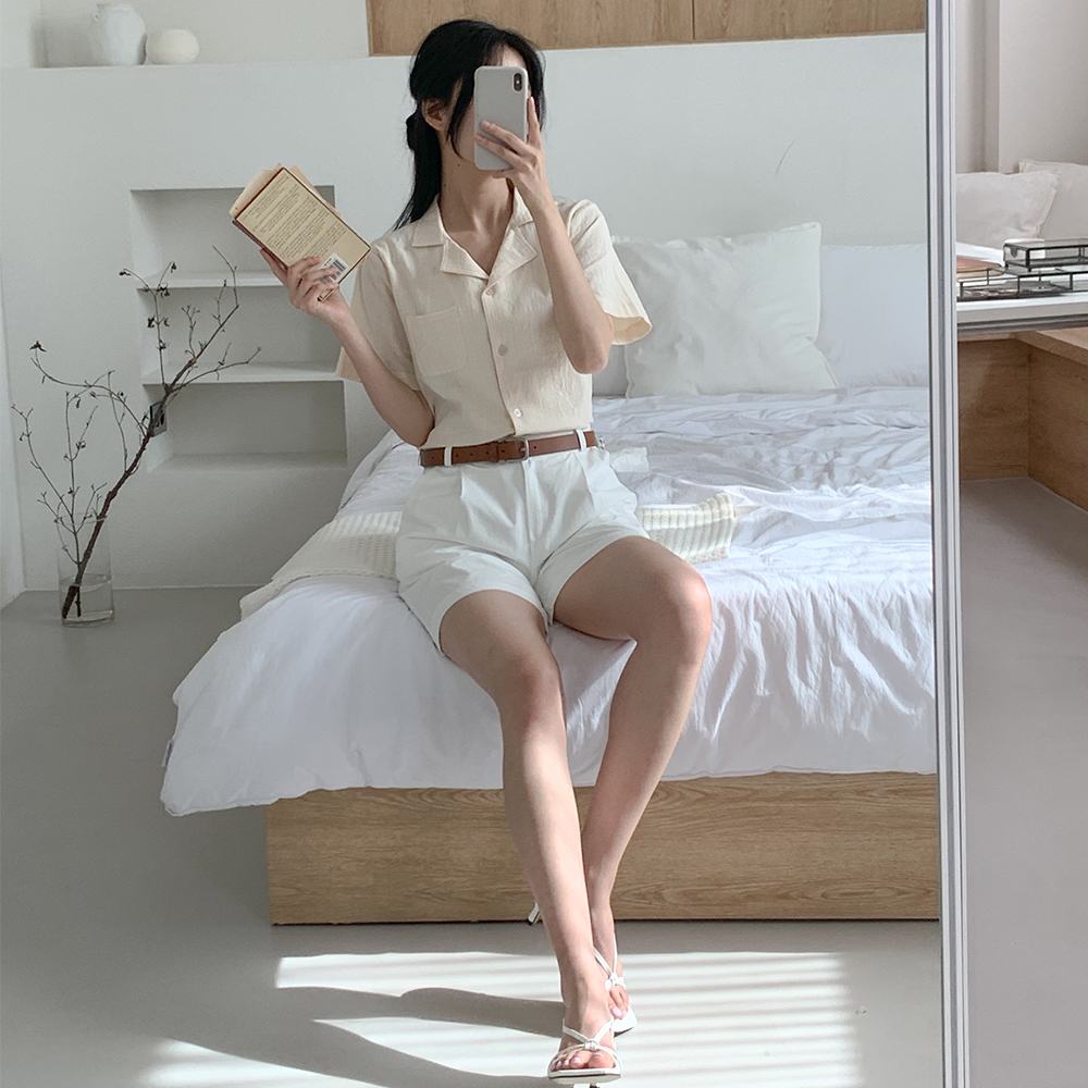 오픈 카라 여름 반팔 린넨 셔츠 블라우스 오버핏 크롭 남방 - 상세 이미지 4