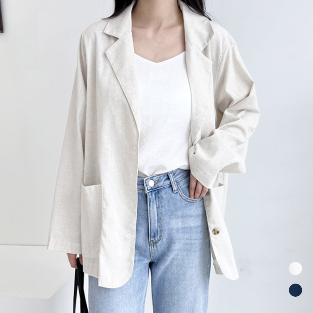 마쟈켓 여성 여름 마이 베이지 린넨 오버핏 롱 긴팔 자켓 - 메인 이미지