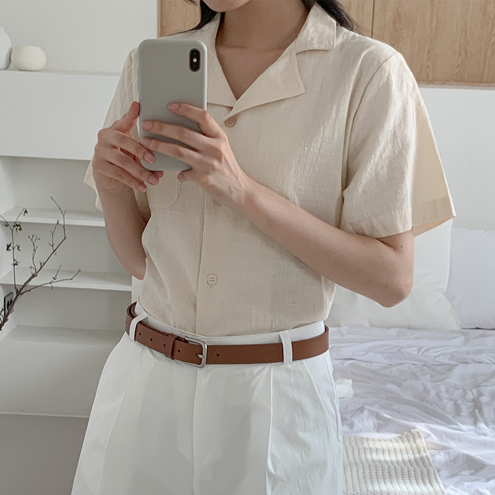 오픈 카라 여름 반팔 린넨 셔츠 블라우스 오버핏 크롭 남방 이미지 8