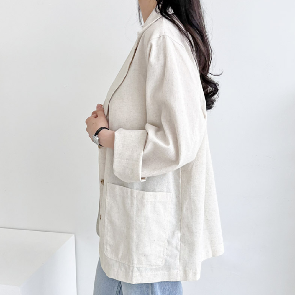마쟈켓 여성 여름 마이 베이지 린넨 오버핏 롱 긴팔 자켓 - 상세 이미지 4