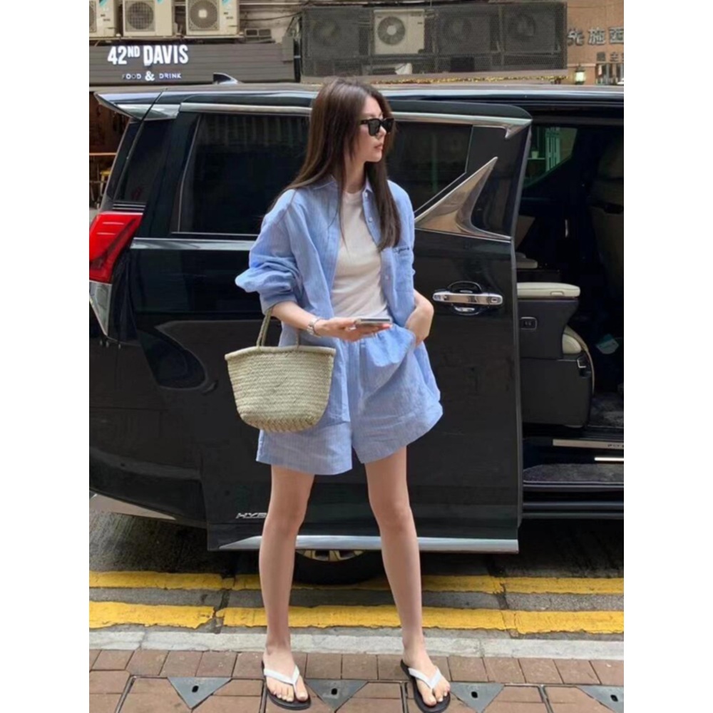 셔츠 반바지 세트 블루 루즈핏 스트라이프 셋업 동남아 휴양지 예능 아이돌 패션 - 상세 이미지 3