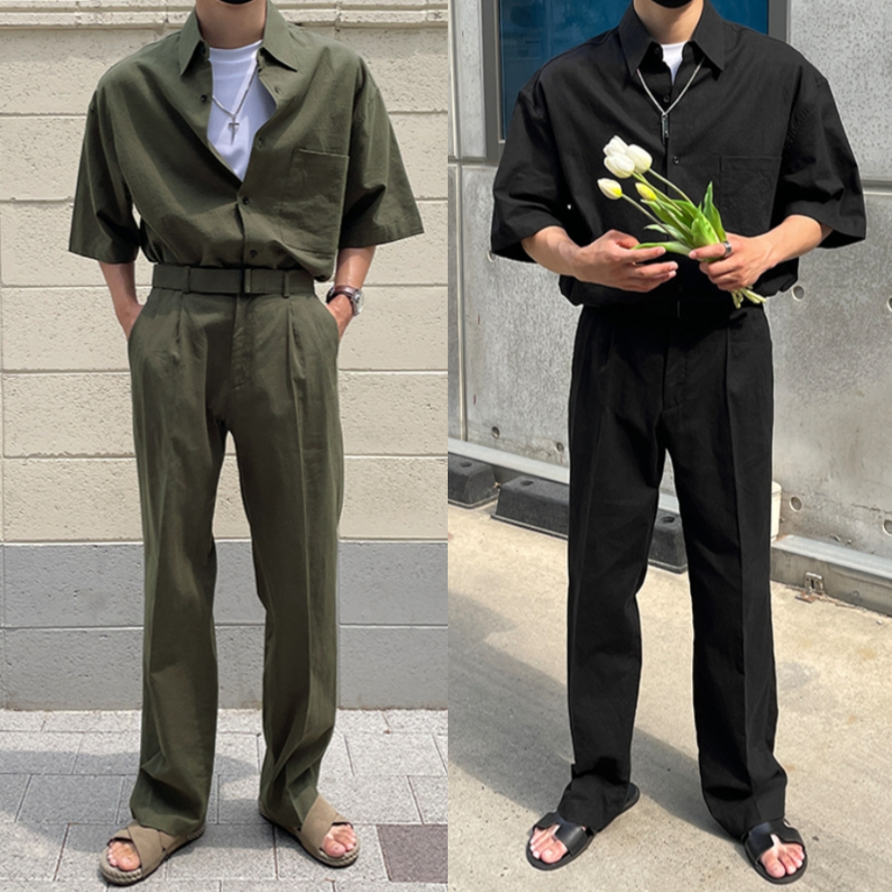 남자 케이시 여름 린넨 반팔셔츠 와이드슬랙스 셋업 세트 - 상품 이미지