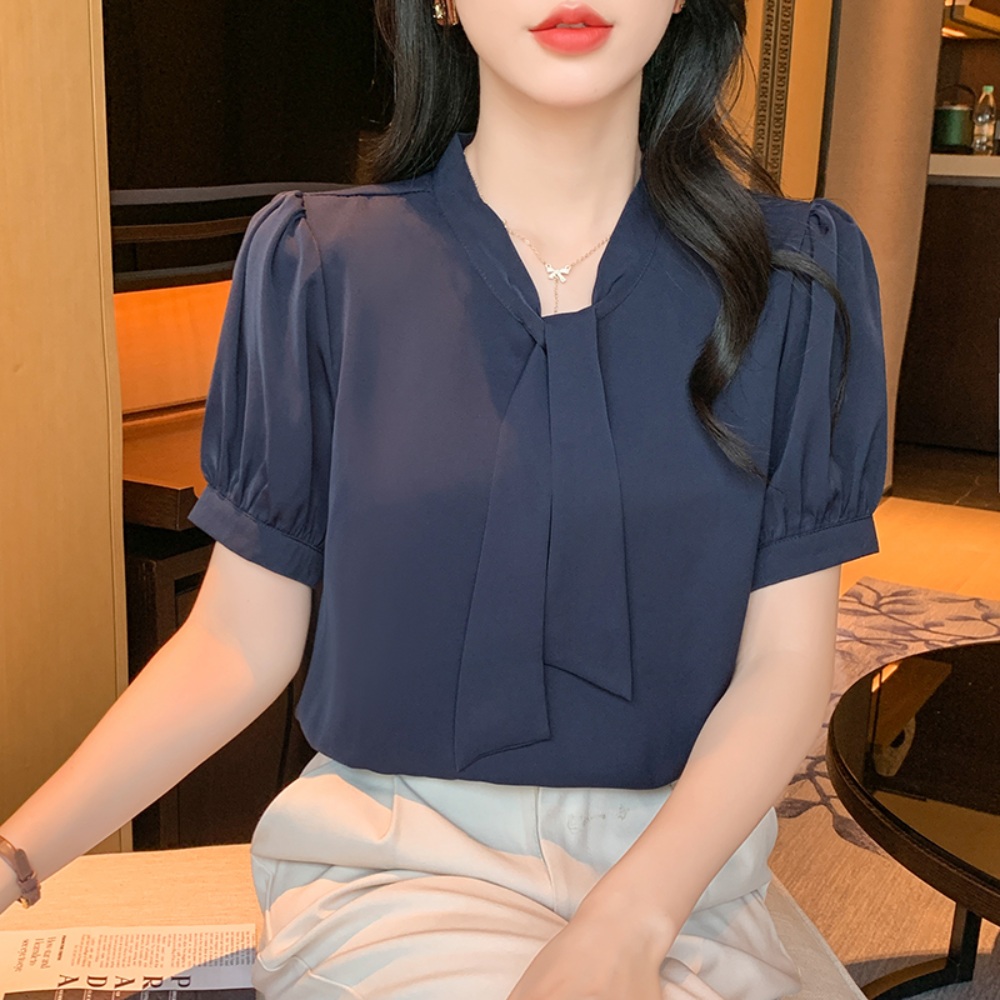 타이 반팔 블라우스 퍼프소매 고급 빅사이즈 오피스룩 출근 중년여성 네이비 - 상세 이미지 5