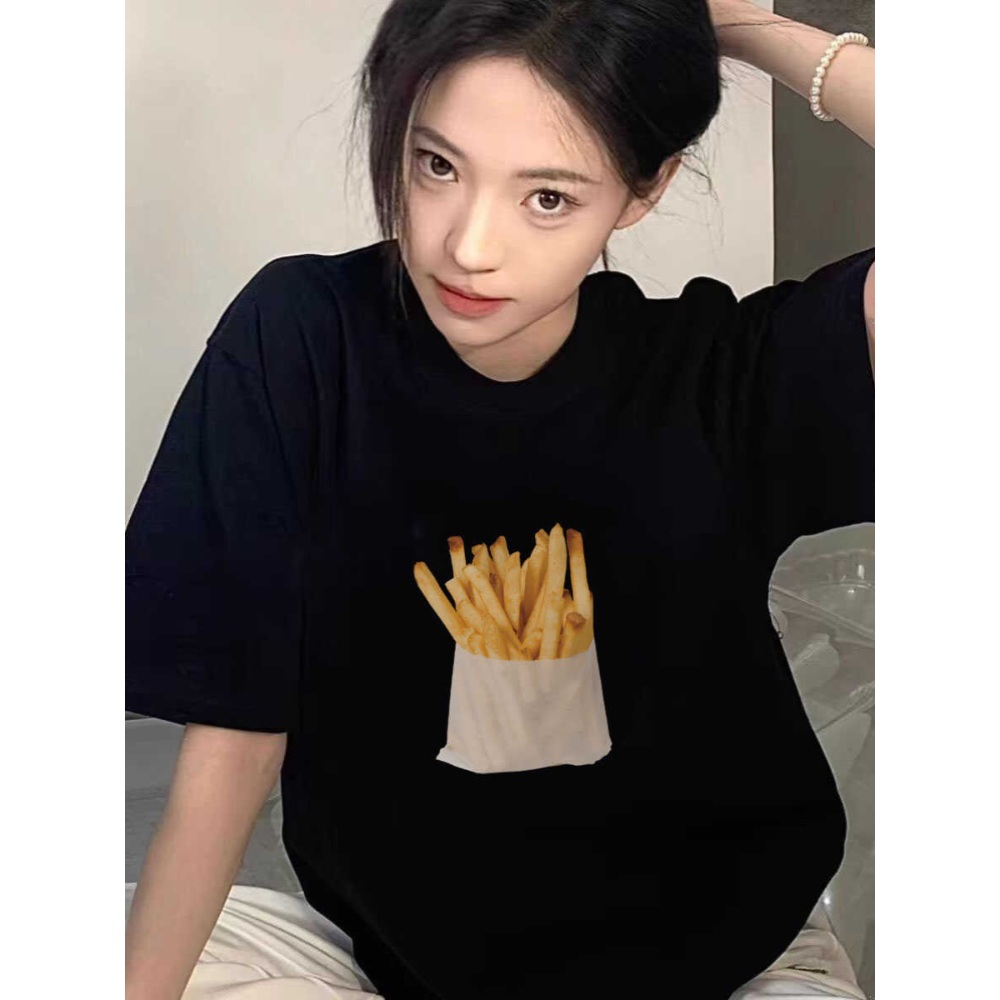 힙한 감자튀김 티셔츠 프렌치프라이 그래픽 프린팅 반팔 Y2K 남녀공용 순면 블랙 6컬러 - 상세 이미지 4