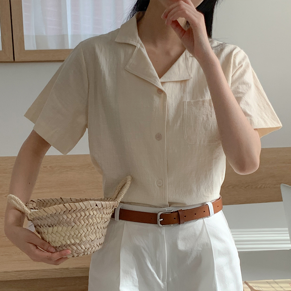 오픈 카라 여름 반팔 린넨 셔츠 블라우스 오버핏 크롭 남방 - 상세 이미지 2